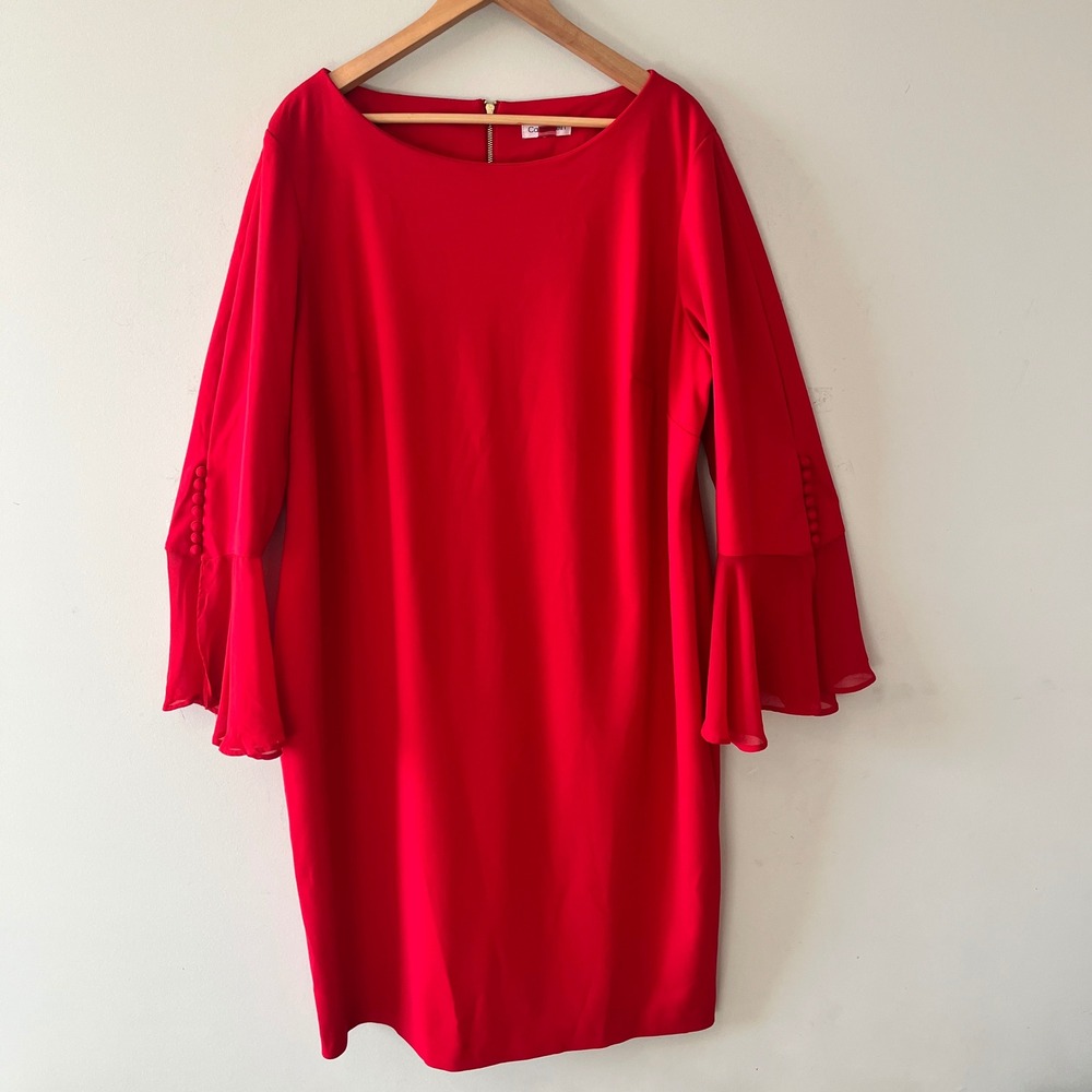 Calvin Klein Bell Sleeve Sheath Dress Red 22W Decorative Button Cuffs